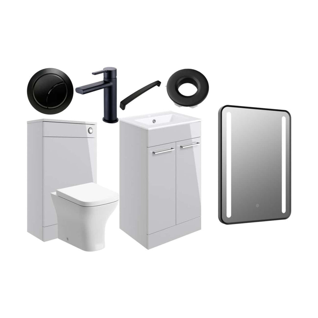 Modern bathroom fixtures and accessories including a toilet, sink vanity cabinet, LED mirror, black faucet, and bathroom fittings from Bubly Bathrooms.