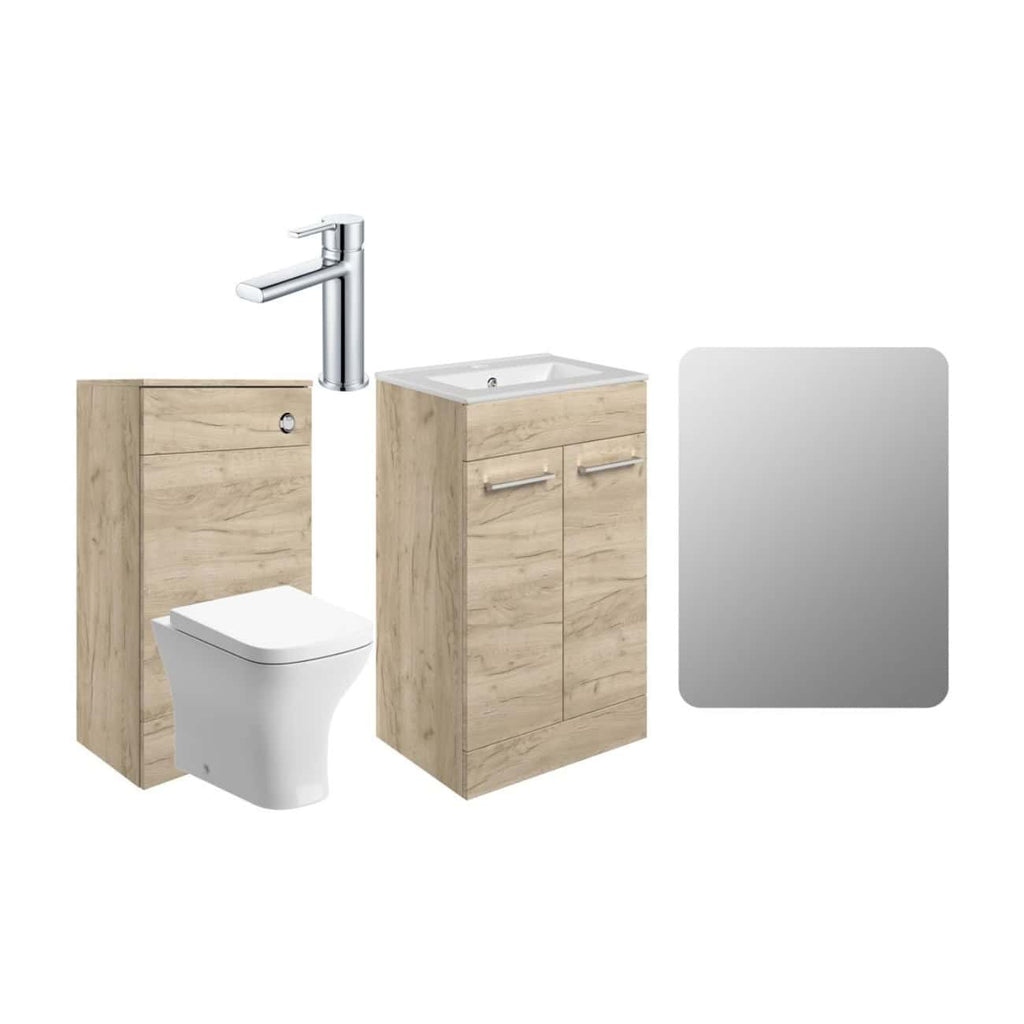 Sleek modern bathroom fixtures with wooden cabinetry, a contemporary toilet, a vanity with basin, a chrome tap, and a large mirror, perfect for stylish bathroom renovation or upgrade.