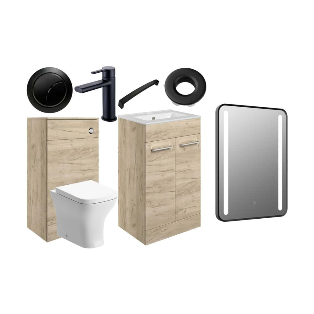 Modern bathroom furniture and fixtures including wooden vanity units, a wall-mounted toilet, black tapware, a mirror with LED lighting, and accessories for contemporary bathroom design.