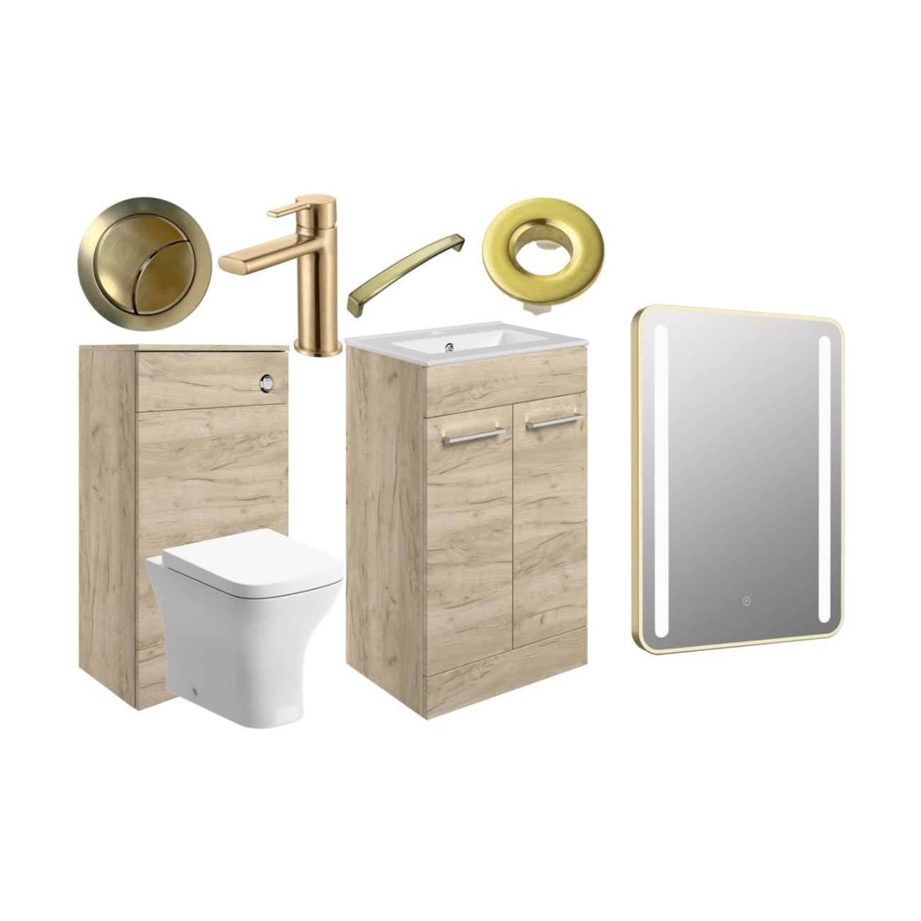 Contemporary modern bathroom fixtures including a sleek toilet, wood-look storage cabinet, minimalist sink tap, round mirror, and LED backlit wall mirror, perfect for stylish bathroom renovation or design.