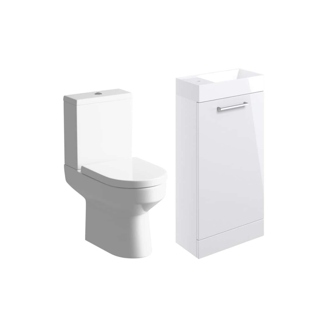 Modern white toilet and bathroom vanity unit with sink, minimalist bathroom fixtures, sleek design, and bathroom storage solutions from Bubly Bathrooms.