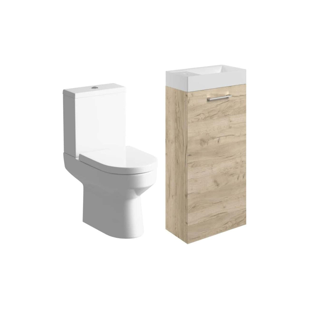 Modern white close-coupled toilet with wooden bathroom vanity and ceramic sink, ideal for contemporary bathroom remodels and bathroom furniture installation.