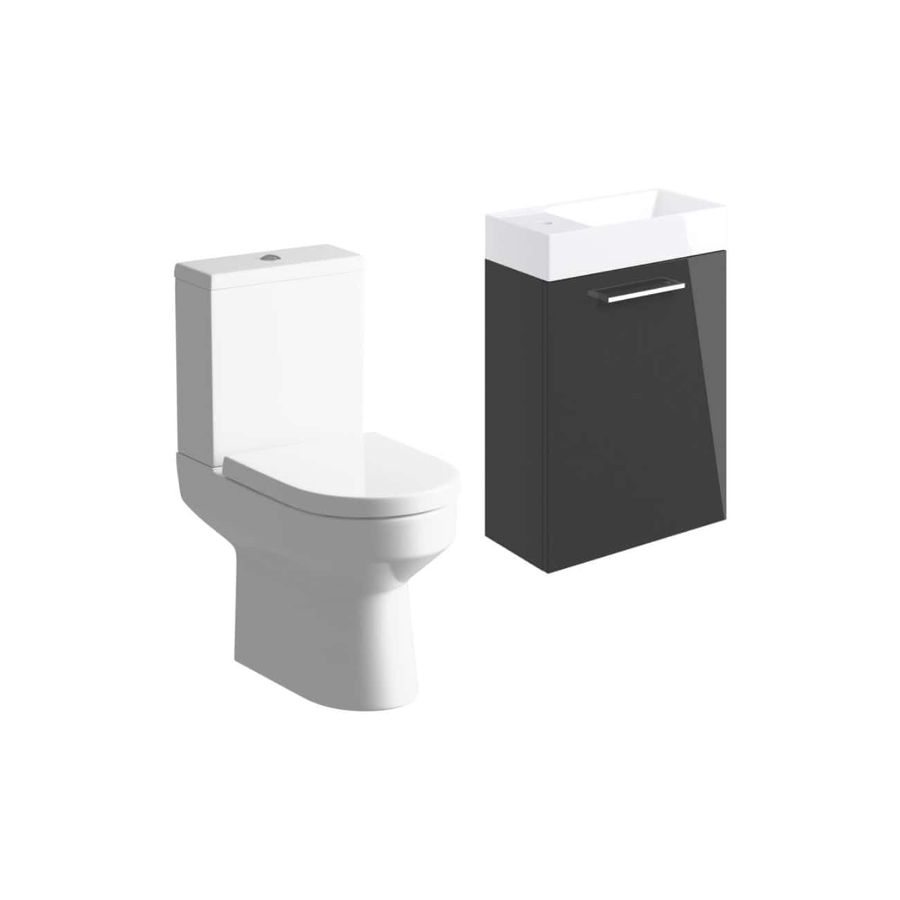 Modern white toilet and sleek black bathroom vanity with sink, ideal for contemporary bathroom designs in the UK. Durable fixtures and stylish aesthetics for a functional, modern bathroom space.