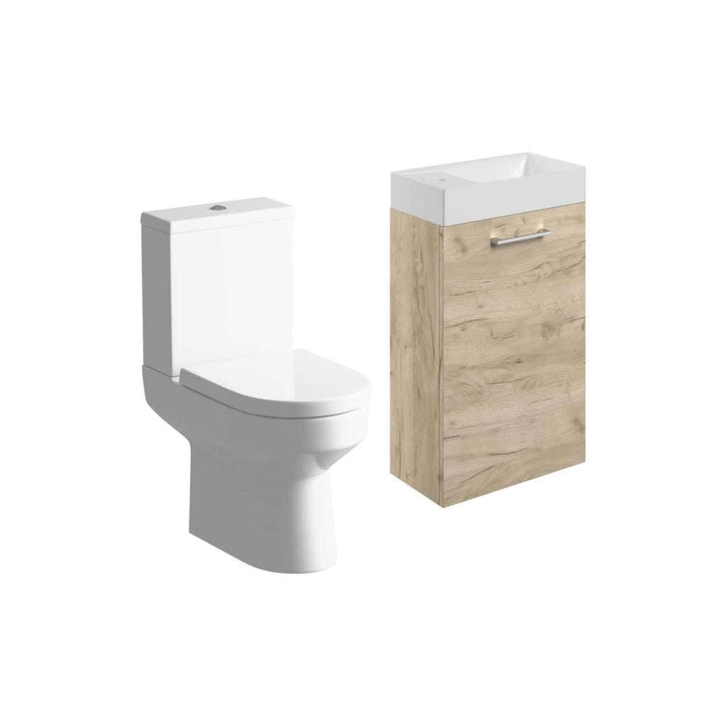 Contemporary white toilet and bathroom vanity unit with sink, ideal for modern bathroom designs, combining functionality and style with natural wood finish accents.