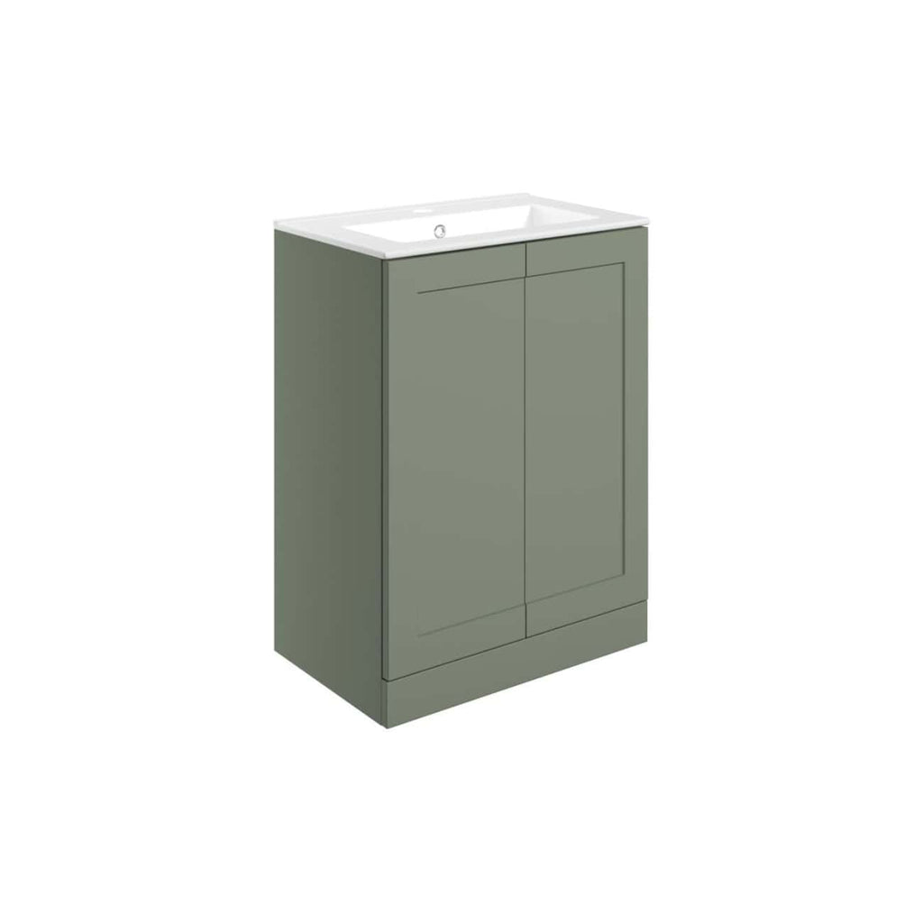 Sleek green bathroom vanity unit with integrated sink and closed storage cabinet, ideal for modern bathroom designs and space optimisation.