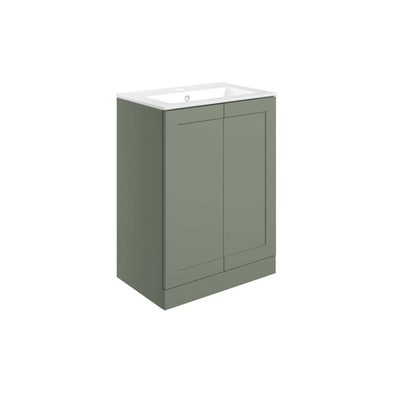 Sleek green bathroom vanity unit with integrated sink and closed storage cabinet, ideal for modern bathroom designs and space optimisation.