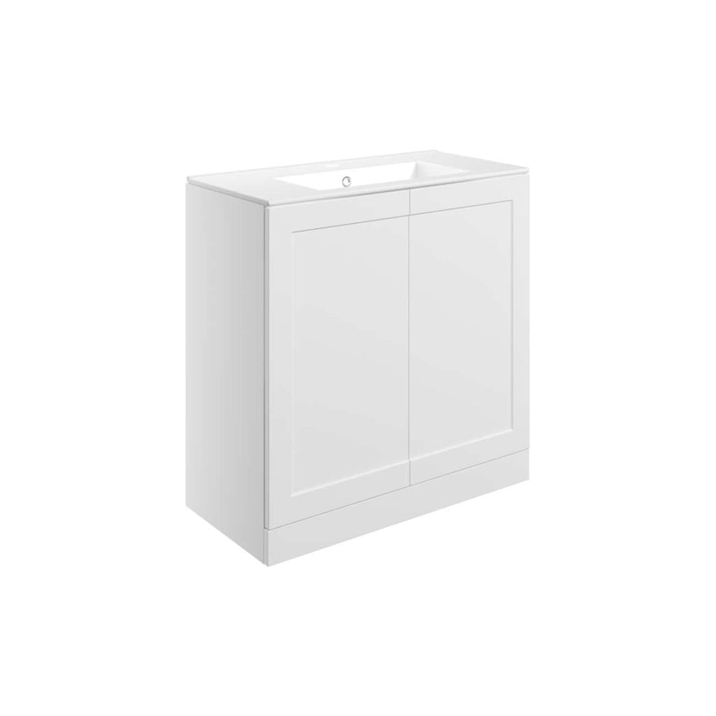 Sleek white bathroom vanity with built-in sink, modern design, ideal for contemporary bathrooms, includes ample storage, perfect for stylish and functional bathroom upgrades.
