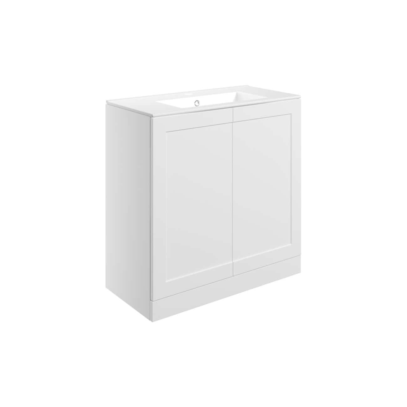 Sleek white bathroom vanity with built-in sink, modern design, ideal for contemporary bathrooms, includes ample storage, perfect for stylish and functional bathroom upgrades.