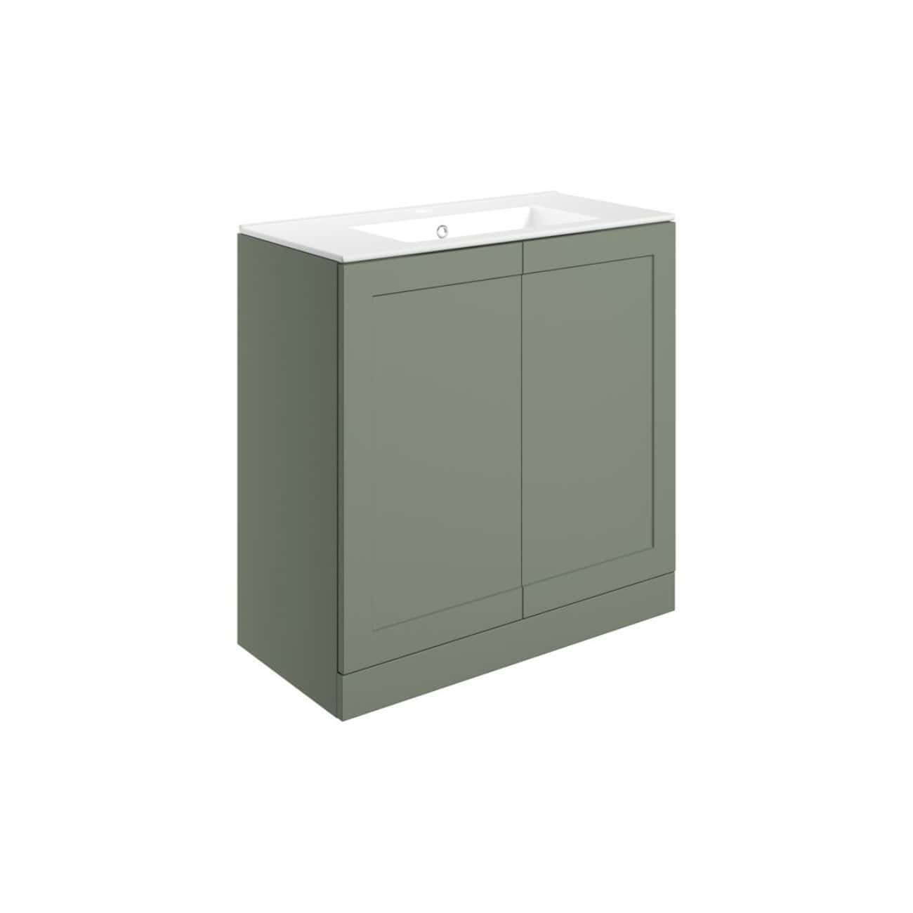 Modern green bathroom vanity unit with a integrated sink, ideal for contemporary bathrooms and perfect for storage. Stylish and functional, enhancing any bathroom decor.