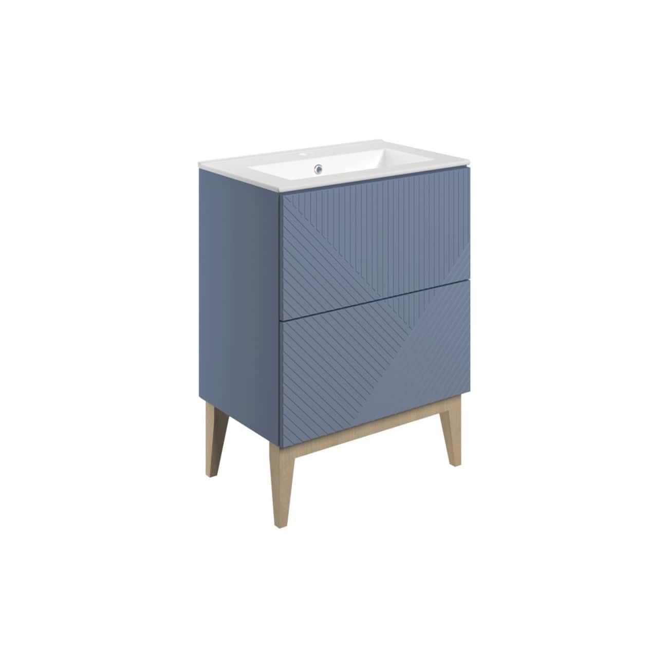 Sleek blue bathroom vanity unit with integrated sink and modern wood-effect legs, perfect for contemporary bathroom interiors and enhancing bathroom storage and style.