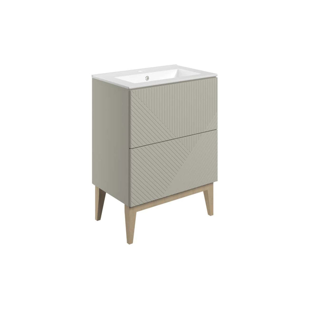 Sleek modern bathroom vanity unit with integrated sink, minimalist design, light grey textured finish, and wooden legs perfect for contemporary bathrooms and ensuite setups.