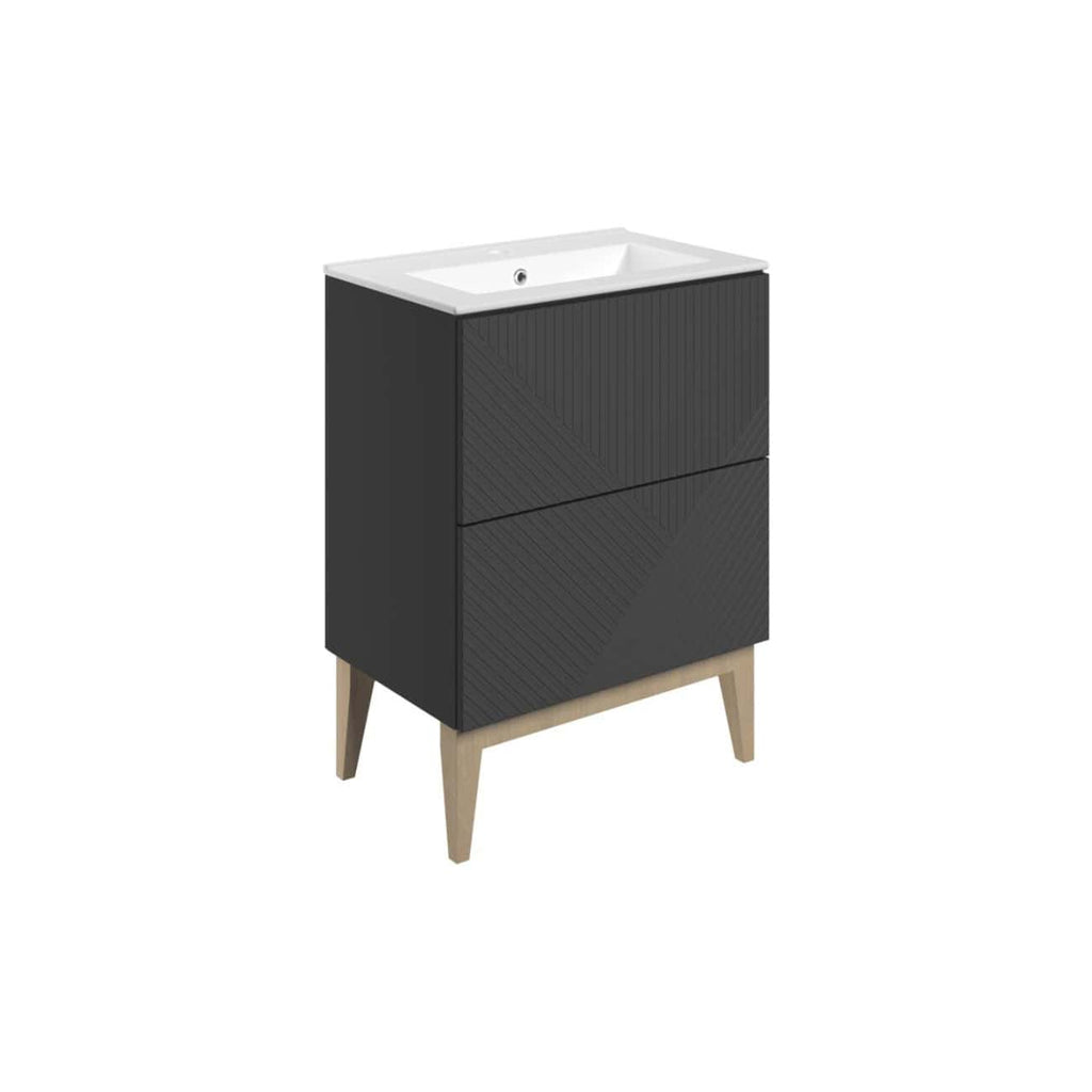 Sleek black bathroom vanity with integrated sink and modern wooden legs, perfect for contemporary bathroom designs. Featuring clean lines and functional storage for stylish bathroom organisation.