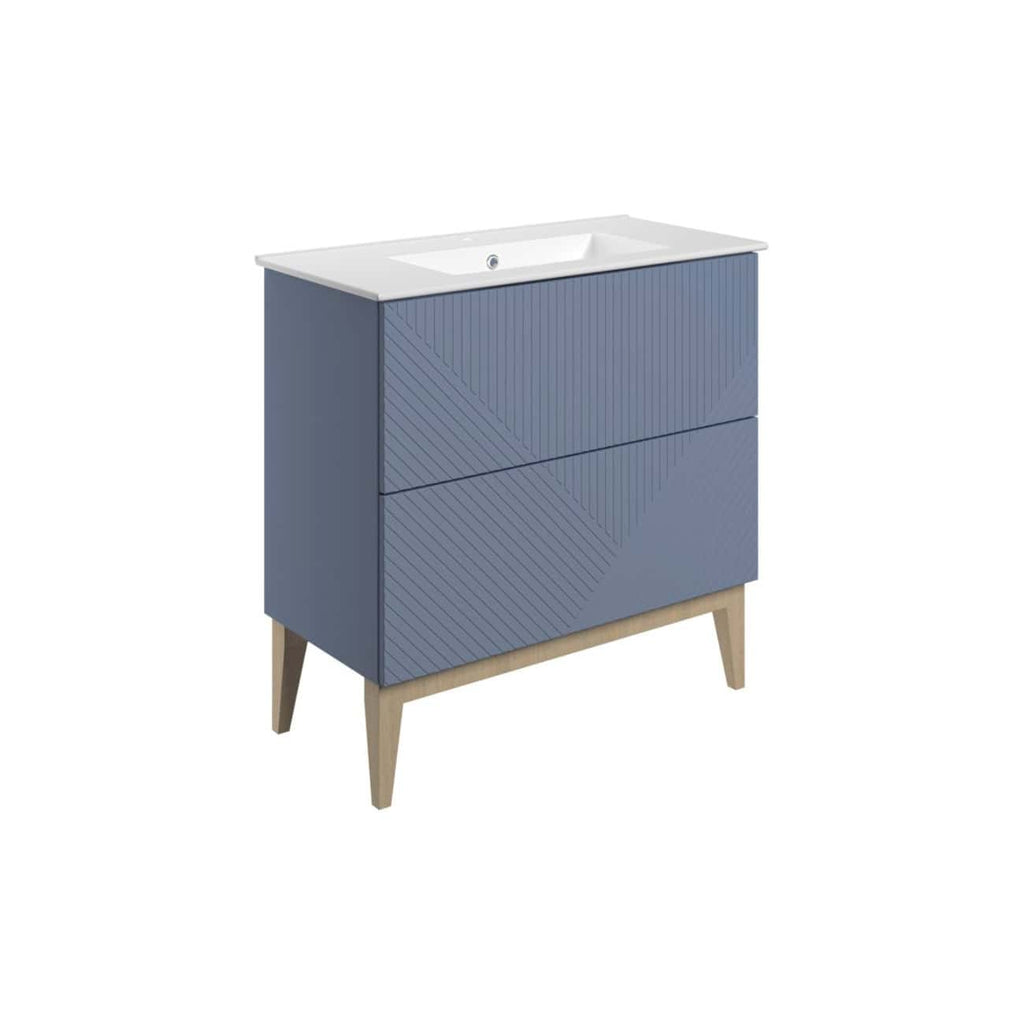 Sleek blue bathroom vanity with a modern geometric design and a white integrated sink, crafted for stylish bathroom decor and practical storage solutions.