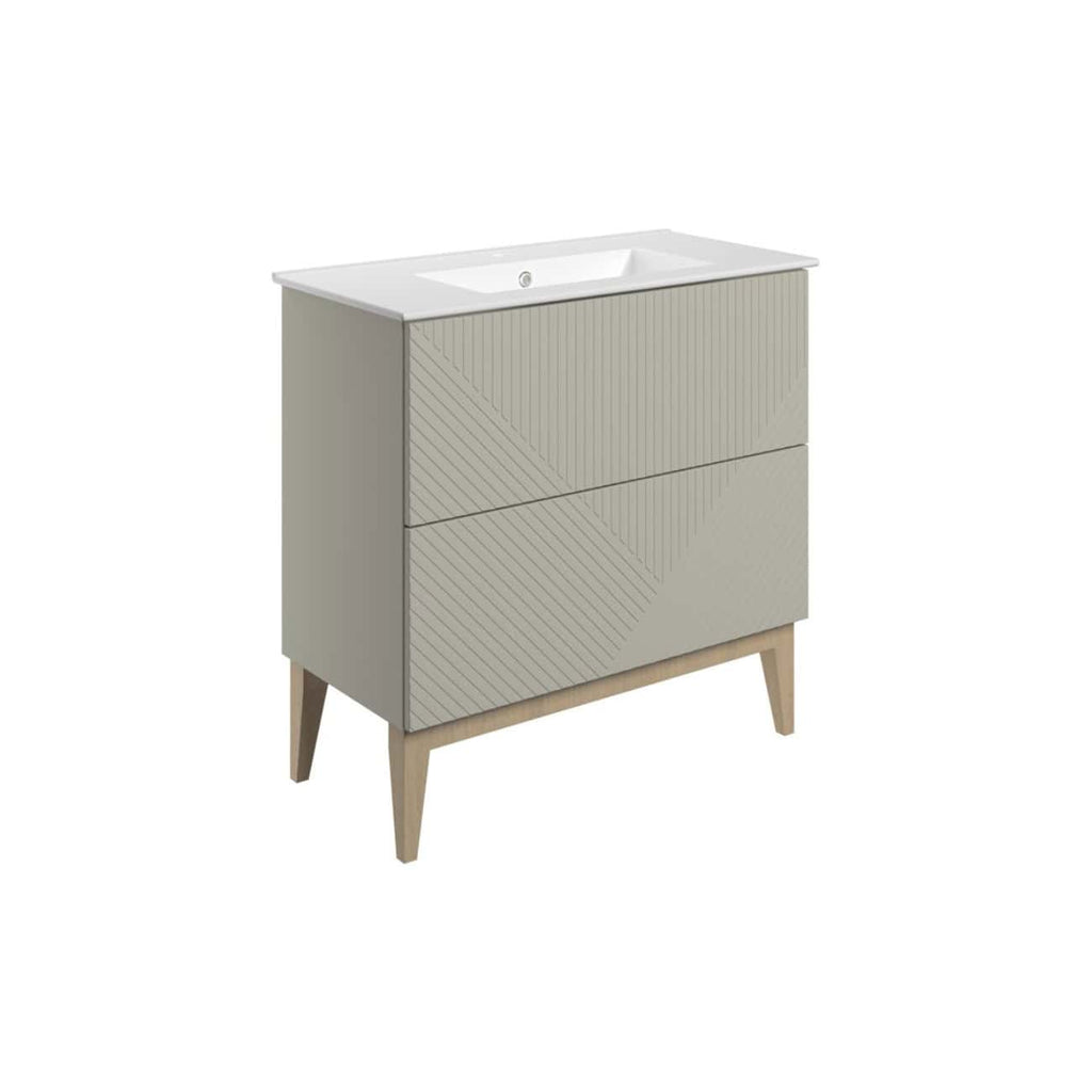 Sleek beige bathroom vanity with integrated sink and modern design, ideal for contemporary bathrooms. Features spacious drawers and wooden legs, combining style and functionality for bathroom storage solutions.