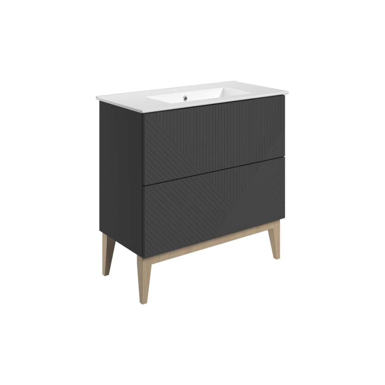 Sleek modern bathroom vanity with black textured drawers and a white ceramic sink, supported by stylish wooden legs perfect for contemporary bathroom designs.