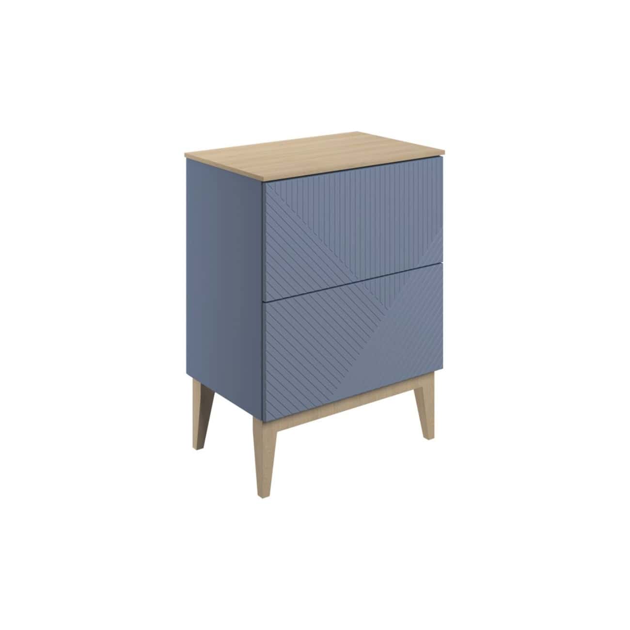 Sleek blue bathroom storage cabinet with wood accents, modern design, ideal for organising toiletries and bathroom essentials in style.