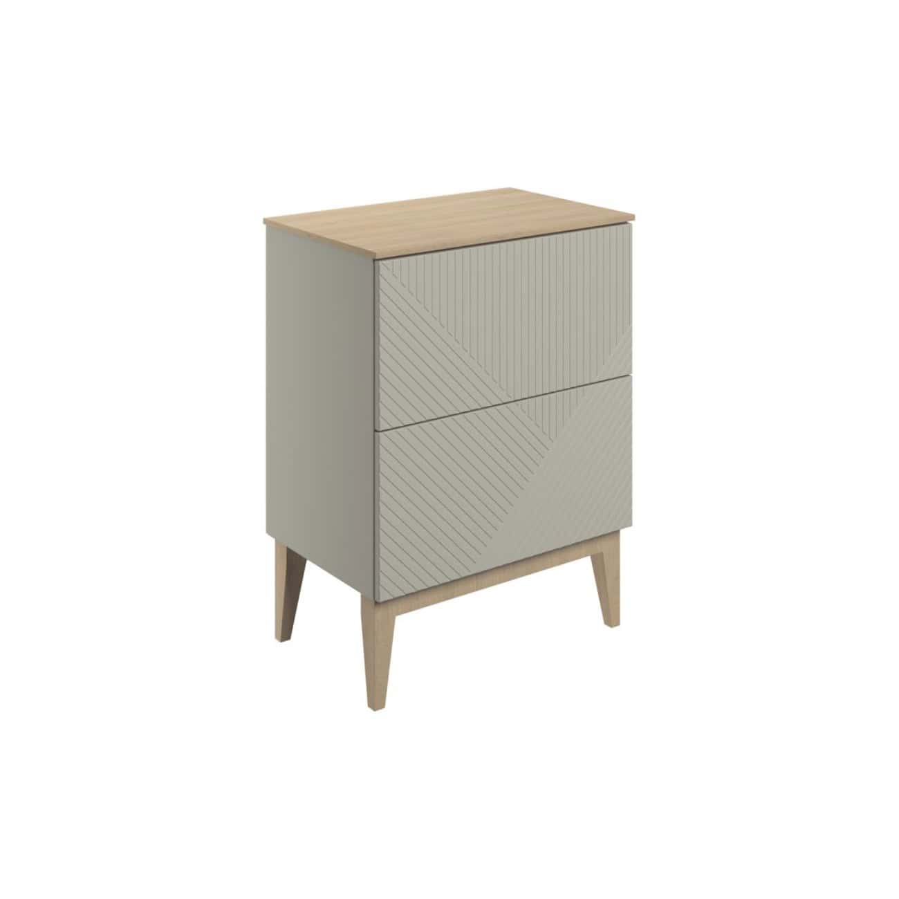 Sleek modern bathroom storage cabinet with geometric textured drawer fronts and natural wood accents, perfect for updating your bathroom decor and organising essentials.