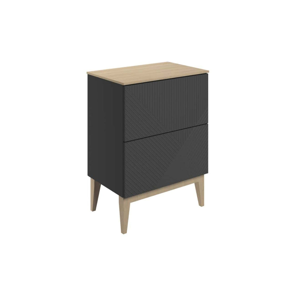 Contemporary black and natural wood bedside cabinet with geometric textured drawers and angled wooden legs for modern bathroom or bedroom decor.