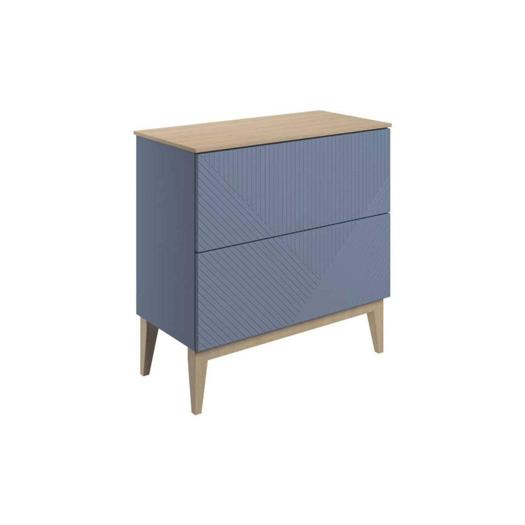 Contemporary blue bathroom cabinet with wooden top, featuring a modern geometric design and sturdy wooden legs, ideal for bathroom storage and style.