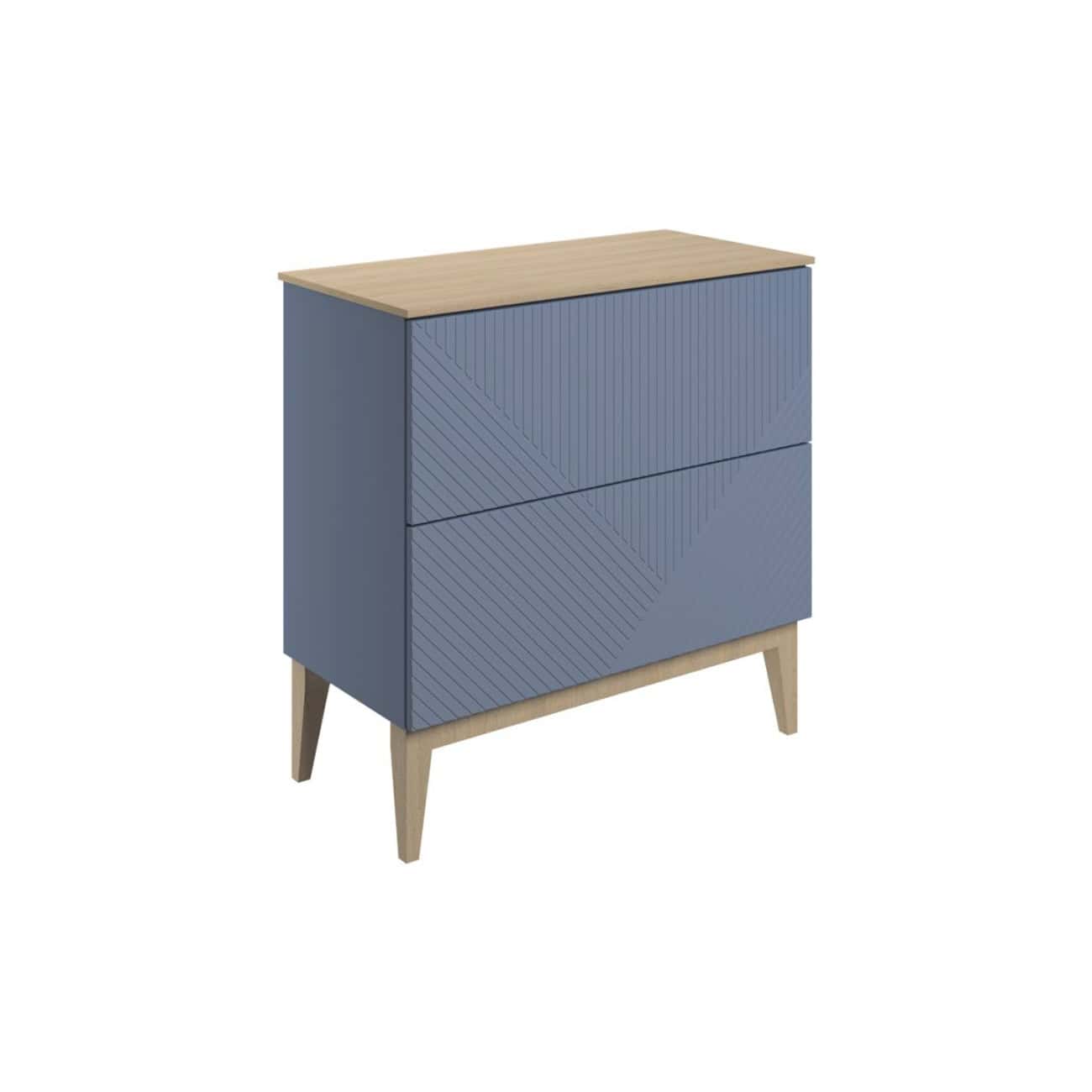 Contemporary blue bathroom cabinet with wooden top, featuring a modern geometric design and sturdy wooden legs, ideal for bathroom storage and style.