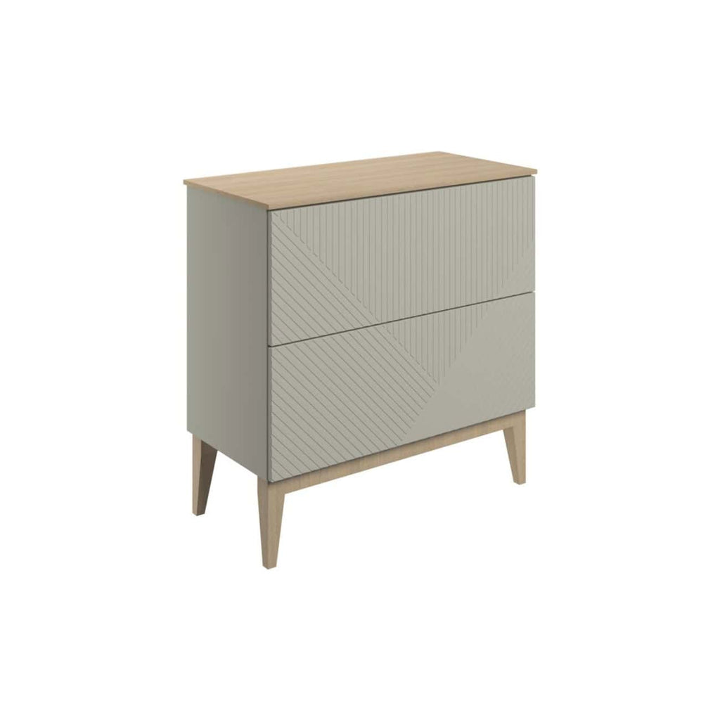 Modern beige and wooden bathroom storage cabinet with textured drawer fronts, ideal for stylish bathroom organisation from Bubly Bathrooms.