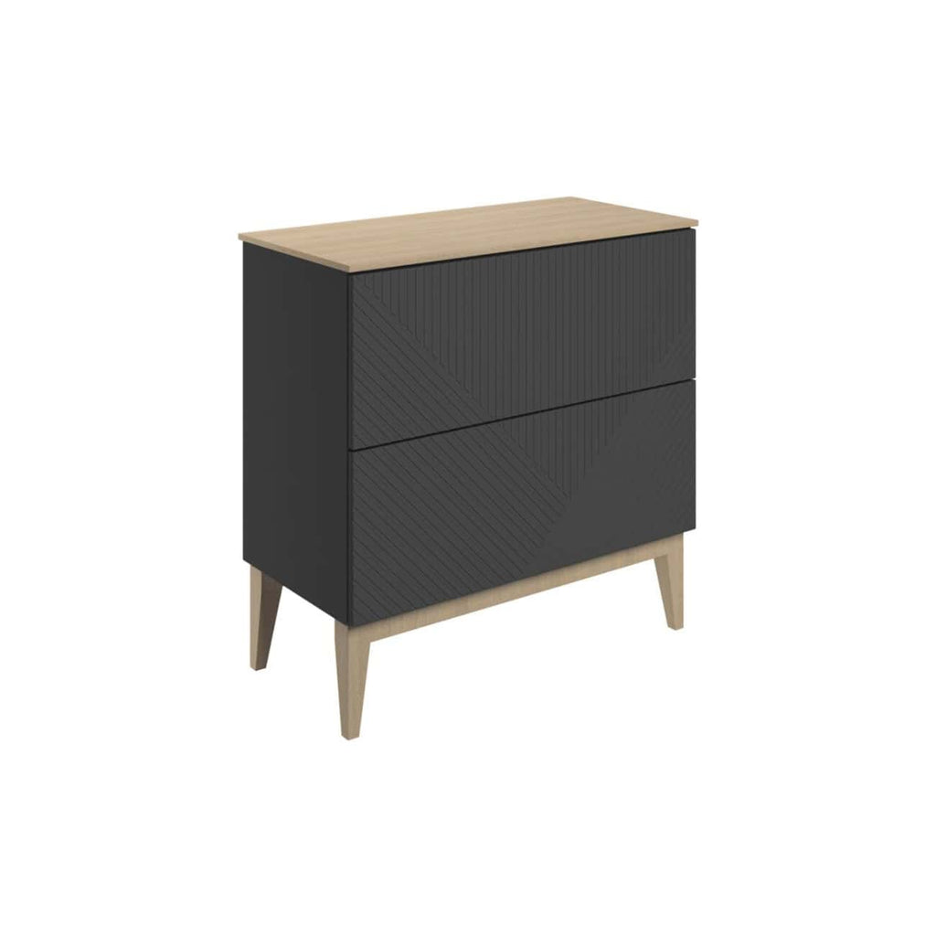 Modern black bathroom cabinet with wood accents, sleek design, and spacious drawers for stylish bathroom storage, ideal for contemporary bathroom decor.