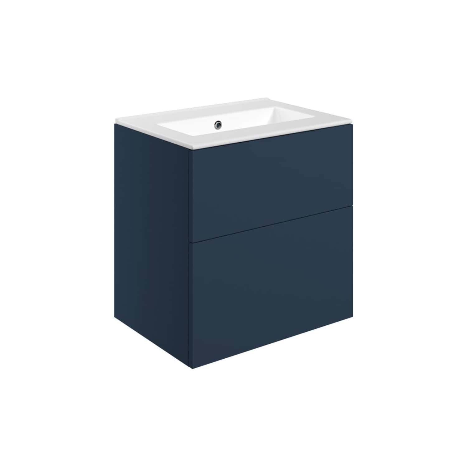Modern navy blue bathroom vanity with integrated basin and storage drawers, ideal for contemporary bathroom designs. Perfect for stylish and functional bathroom spaces.