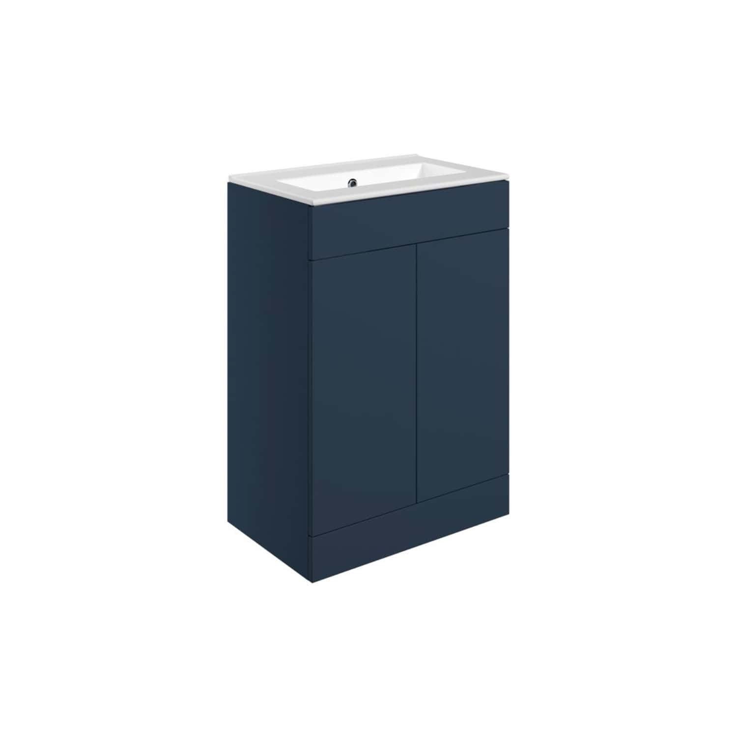 Contemporary navy bathroom vanity with a white ceramic sink, sleek cabinet doors, and minimalist design, perfect for modern bathroom upgrades and stylish storage solutions.