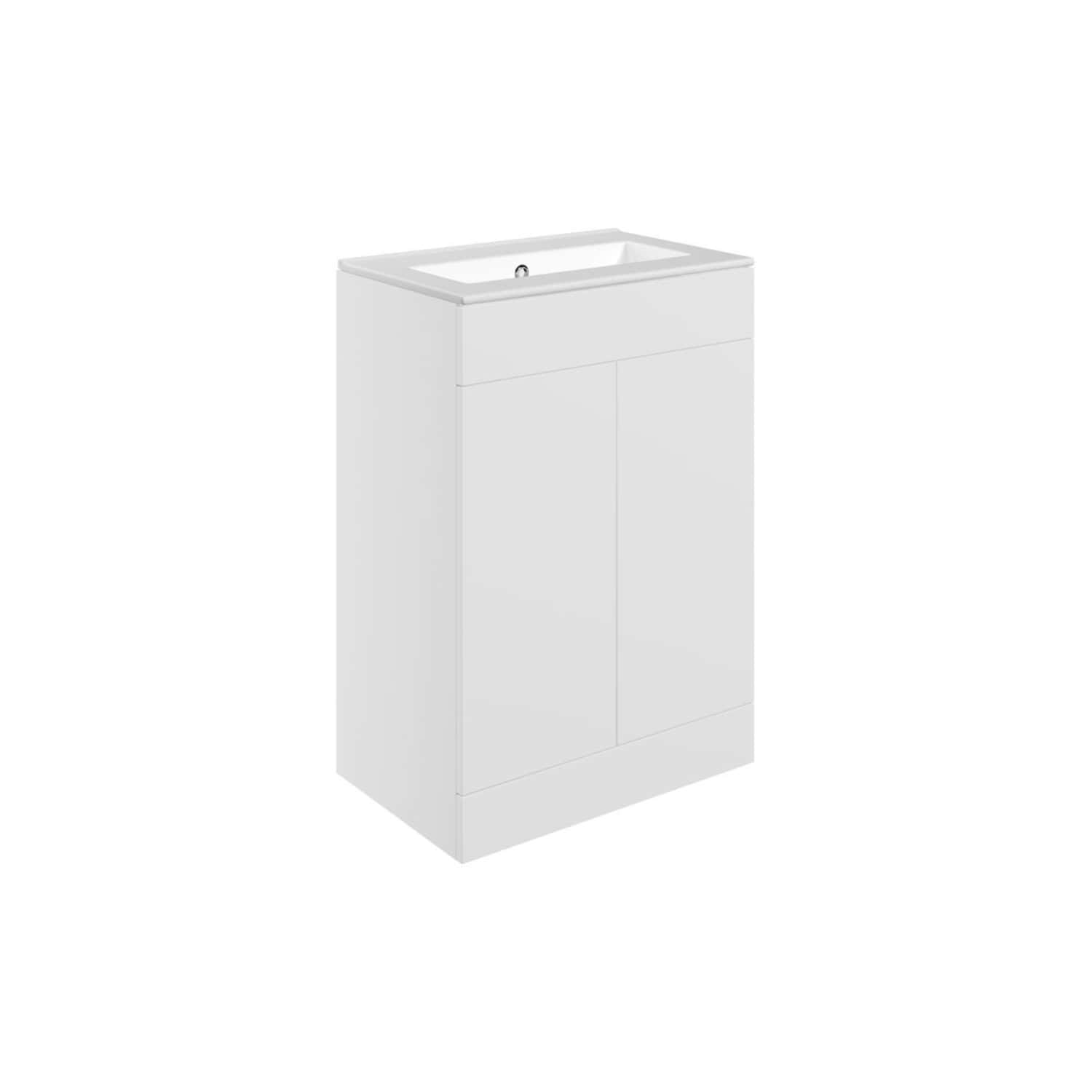 Modern white bathroom vanity with integrated sink for sleek contemporary bathroom design. Ample storage space with minimalist style, perfect for small or large bathrooms.