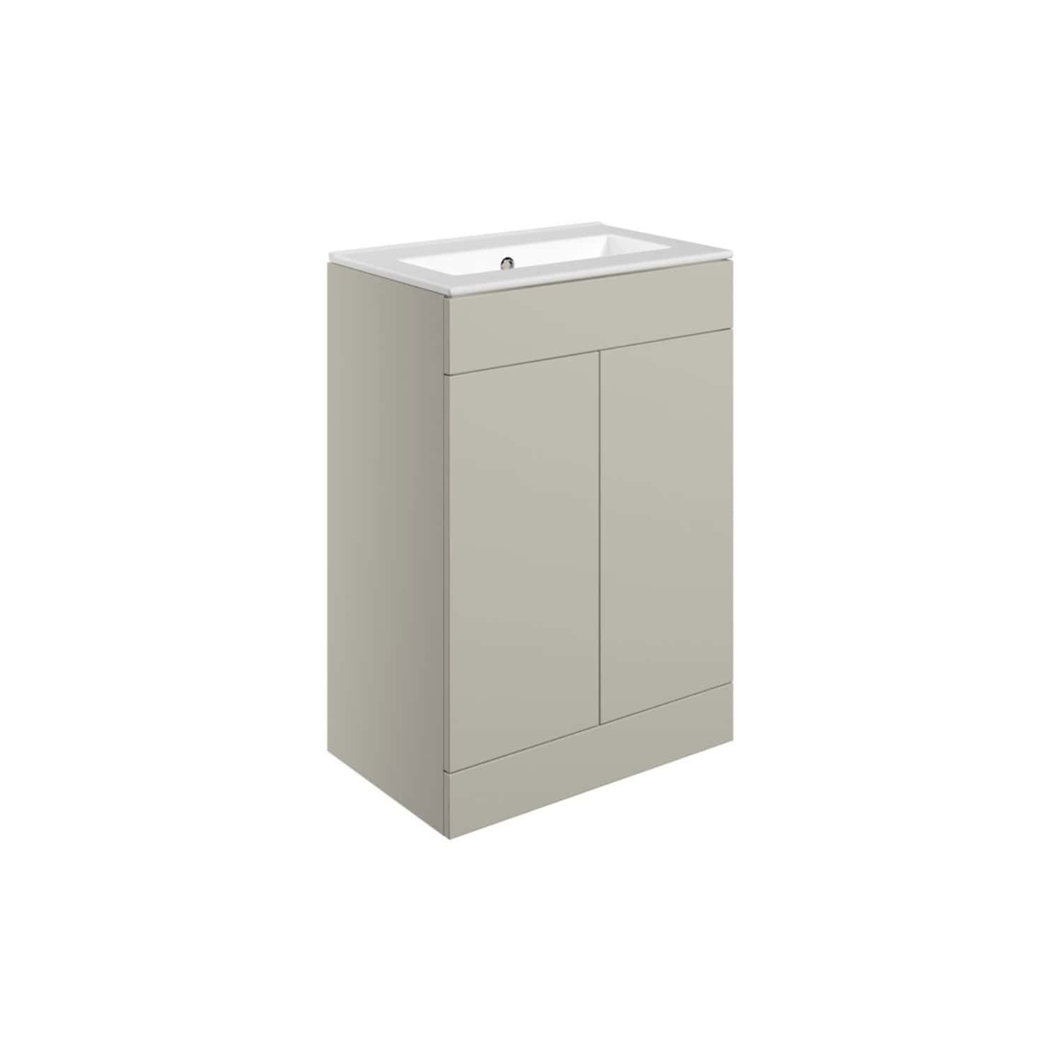 Modern beige bathroom vanity unit with integrated sink, ideal for contemporary bathroom setups designed by Bubly Bathrooms.