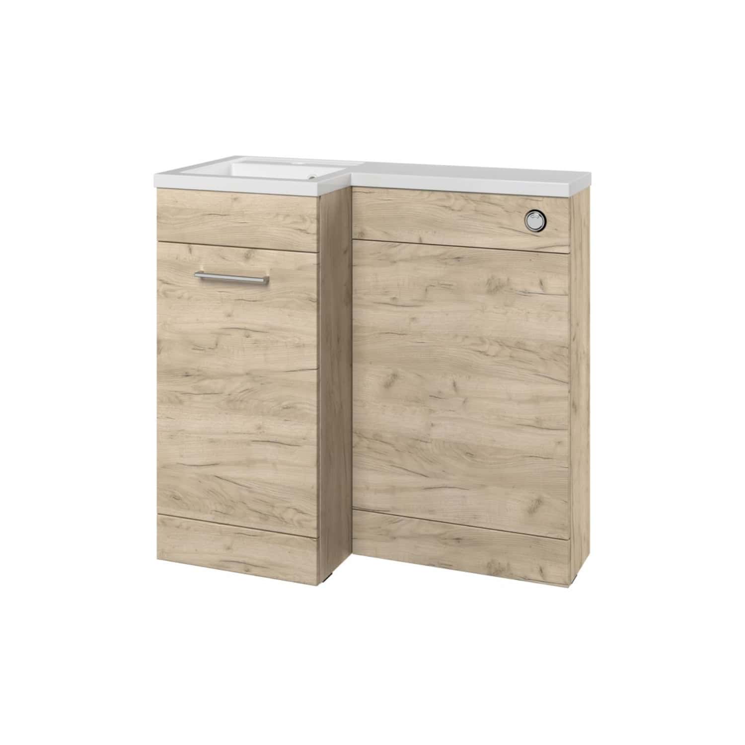 Natural wood bathroom vanity with integrated sink and modern metal handle, ideal for contemporary bathrooms. Compact design perfect for space-saving bathroom renovations with sleek finish.