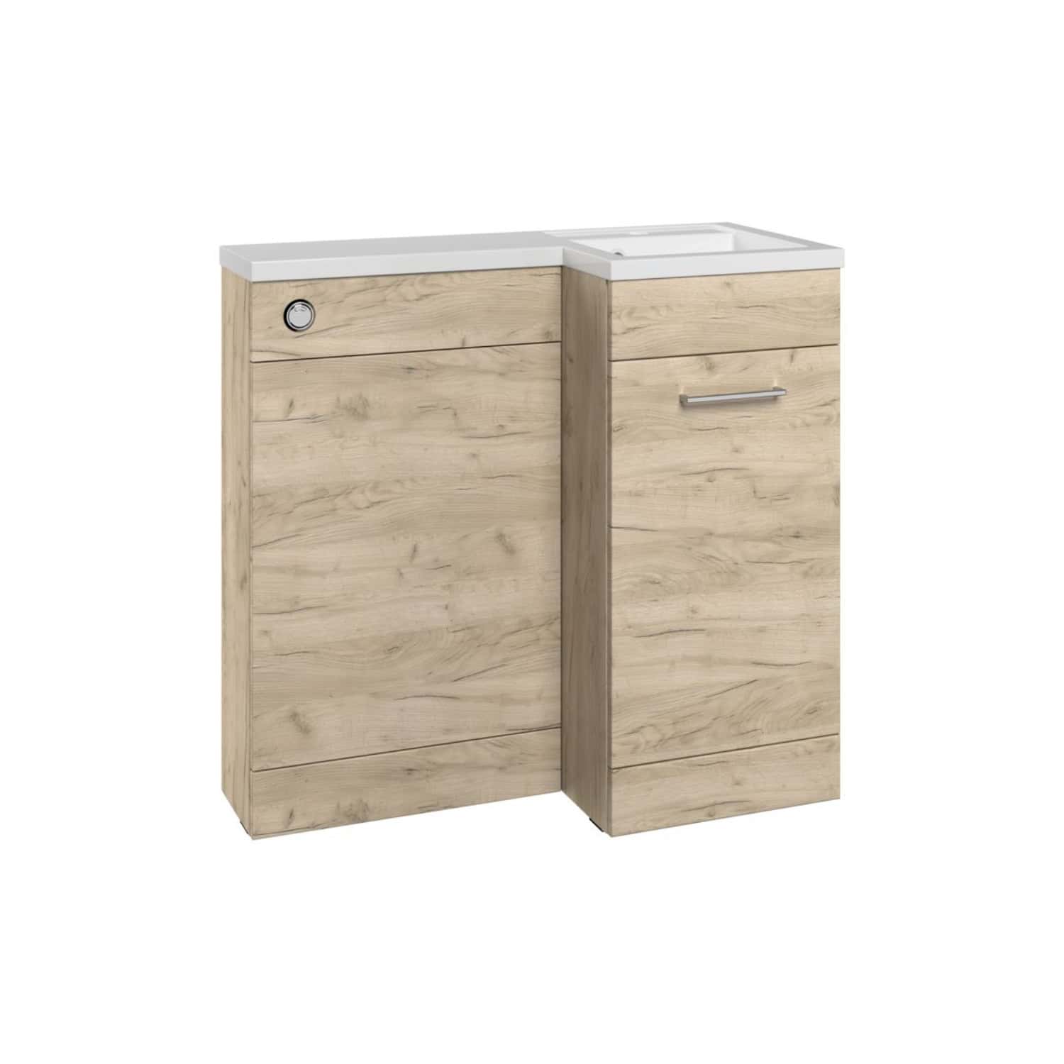 Modern wooden bathroom vanity with integrated sink and storage drawers, designed for contemporary bathroom decor and space optimisation.