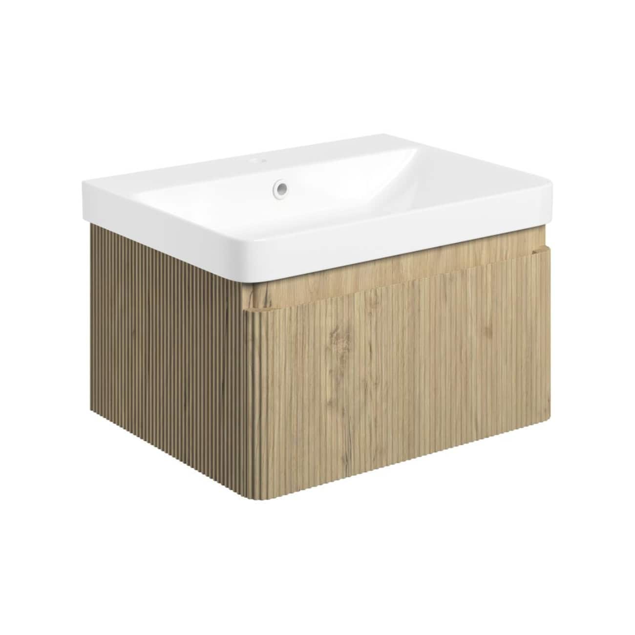 Sleek bathroom vanity with a white ceramic sink and natural wooden slatted cabinet, perfect for modern bathroom remodels and storage solutions.