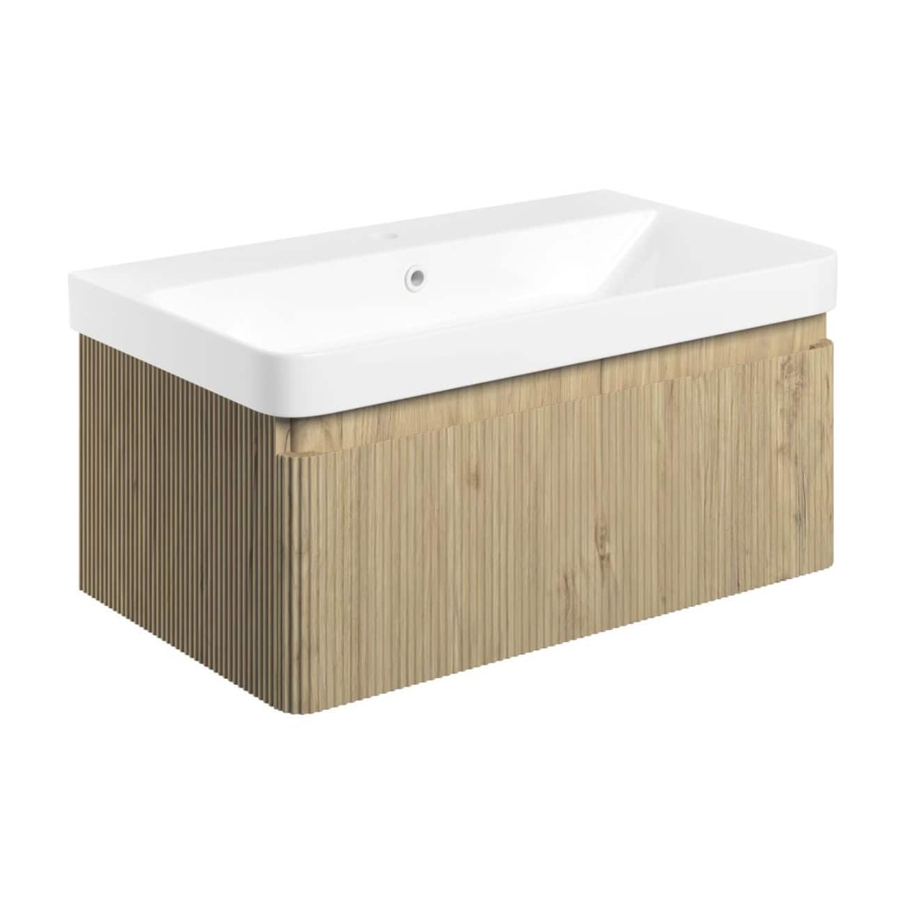 Modern bathroom vanity with a sleek white ceramic sink and a wooden slatted base, perfect for contemporary bathroom decor and optimal storage solutions.