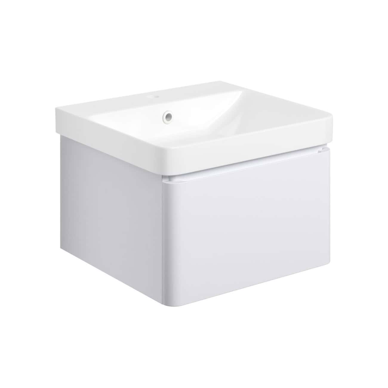 Sleek white bathroom sink with integrated cabinet, modern design, ideal for contemporary bathrooms, providing both style and storage solutions for bathroom essentials.