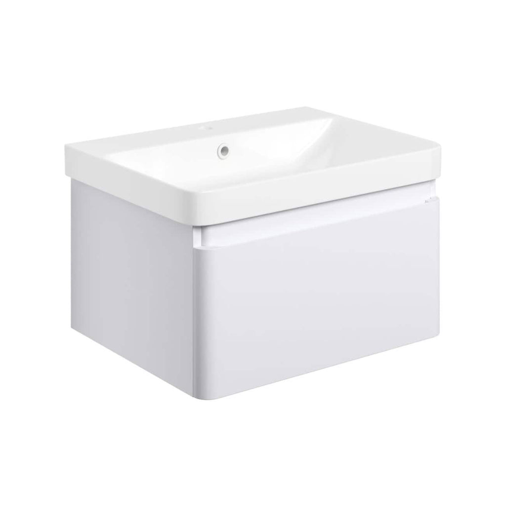 Contemporary white bathroom vanity with integrated sink and storage cabinet, perfect for modern bathroom aesthetics and organisation. Designed by Bubly Bathrooms.