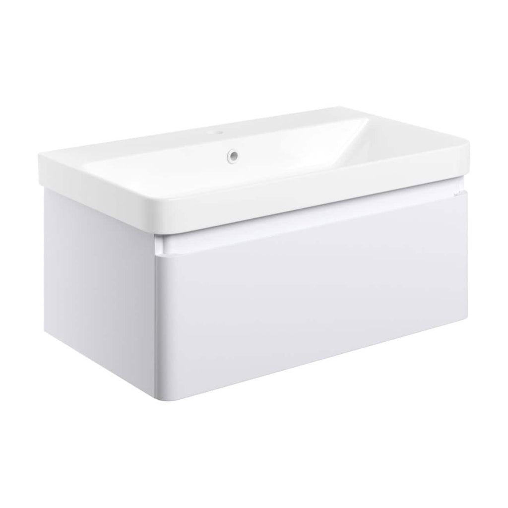 Sleek modern white bathroom vanity with integrated sink, suitable for contemporary Quooker-style bathroom decor, providing functional storage and a minimalist aesthetic.