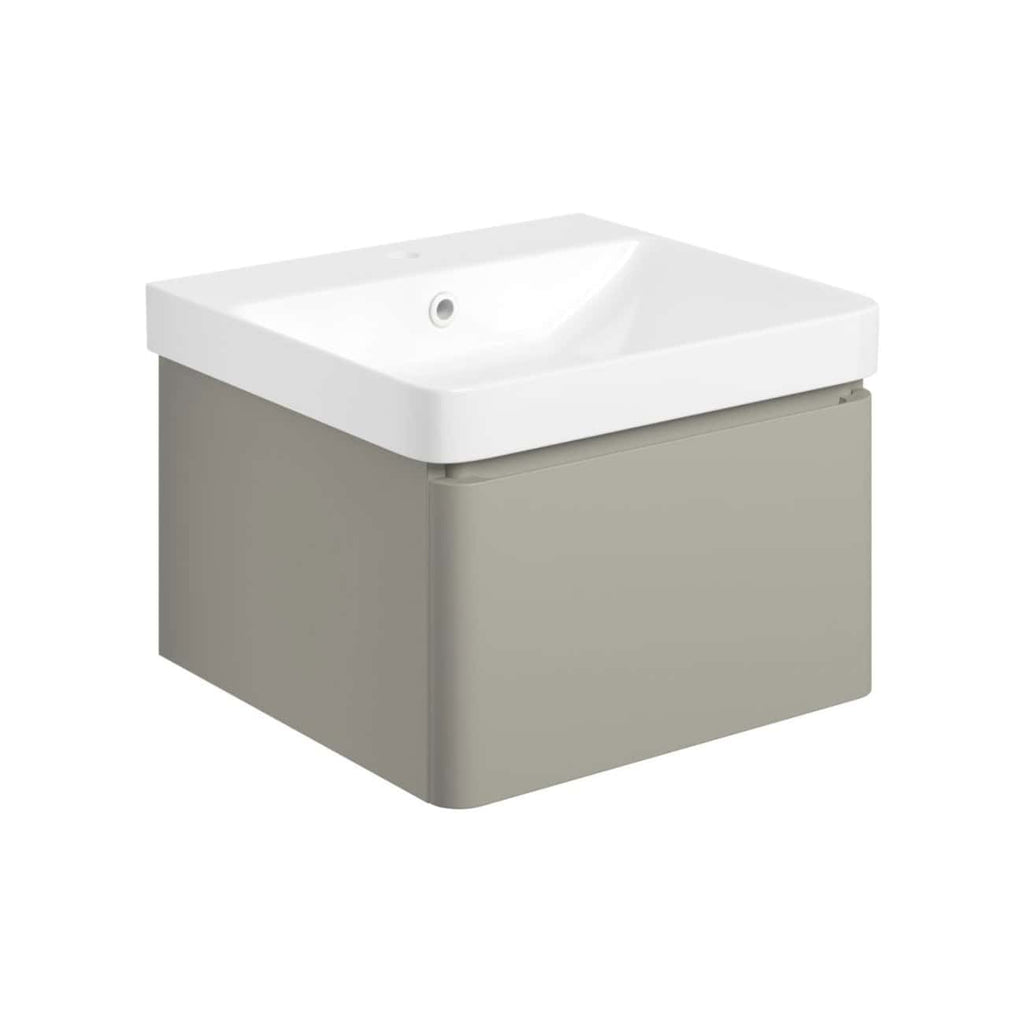 Minimalist bathroom sink and cabinet unit from Bubly Bathrooms, featuring a sleek white basin atop a neutral grey storage cabinet, perfect for modern bathroom design and organisation.