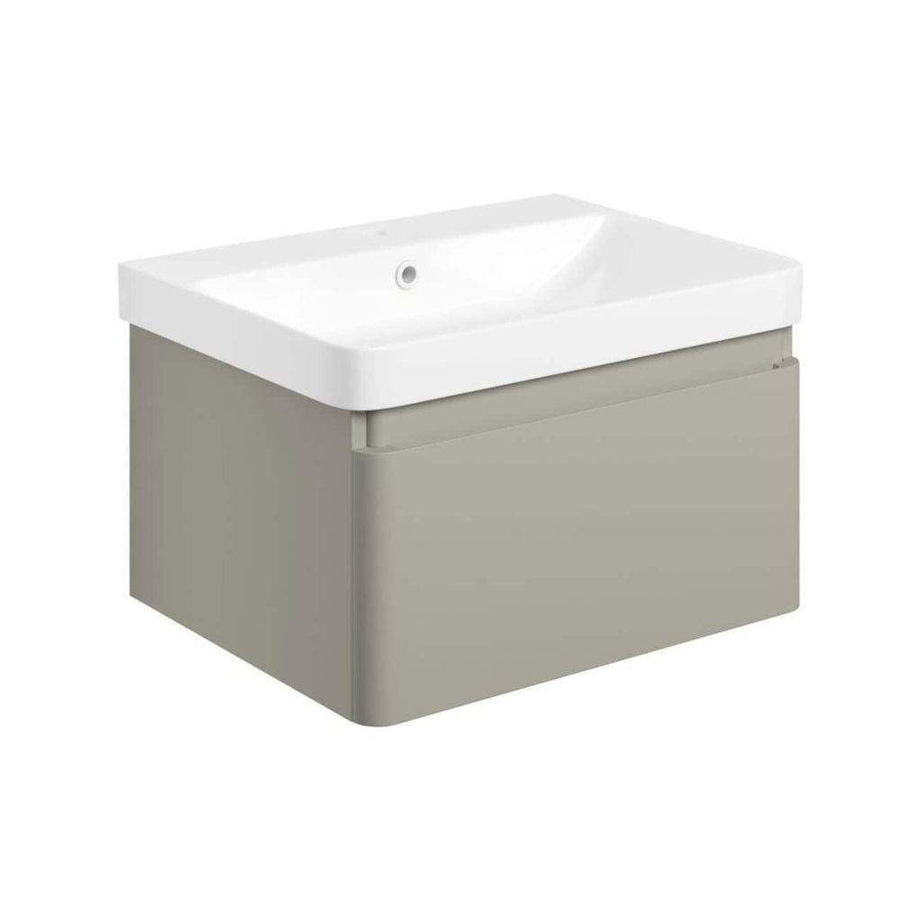 Smooth grey bathroom vanity with integrated ceramic sink, modern design, ideal for contemporary bathrooms, featuring ample storage space and a minimalist look for stylish bathroom upgrades.