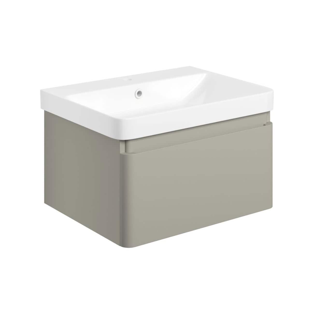 Smooth grey bathroom vanity with integrated ceramic sink, modern design, ideal for contemporary bathrooms, featuring ample storage space and a minimalist look for stylish bathroom upgrades.
