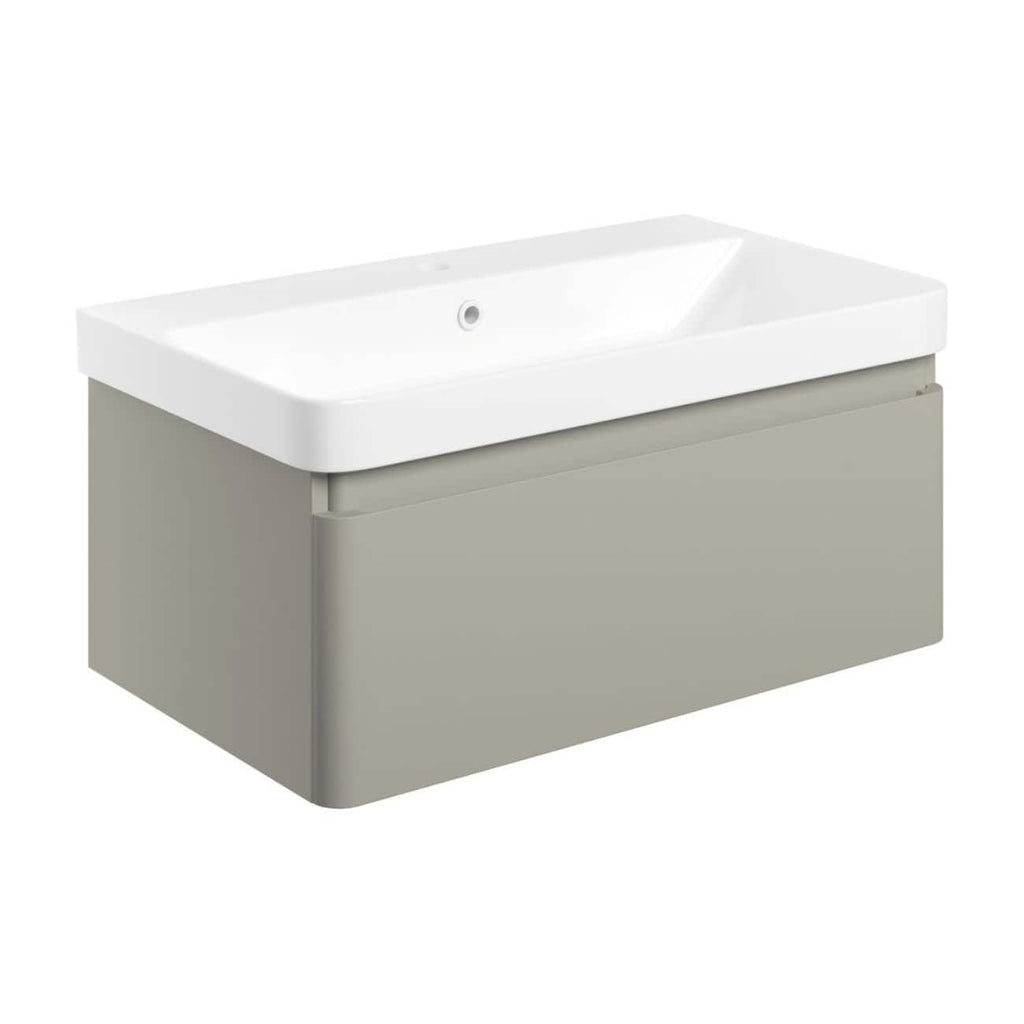 Sleek modern bathroom vanity unit with integrated ceramic sink, neutral grey finish, stylish design, and ample storage space, perfect for contemporary bathroom upgrades.