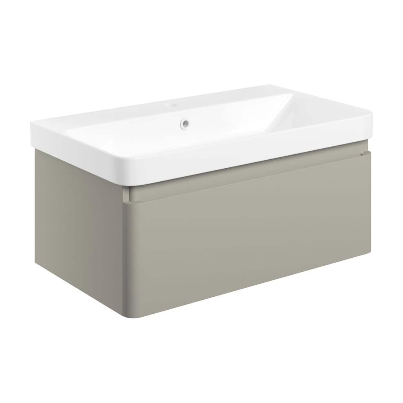 Sleek modern bathroom vanity unit with integrated ceramic sink, neutral grey finish, stylish design, and ample storage space, perfect for contemporary bathroom upgrades.