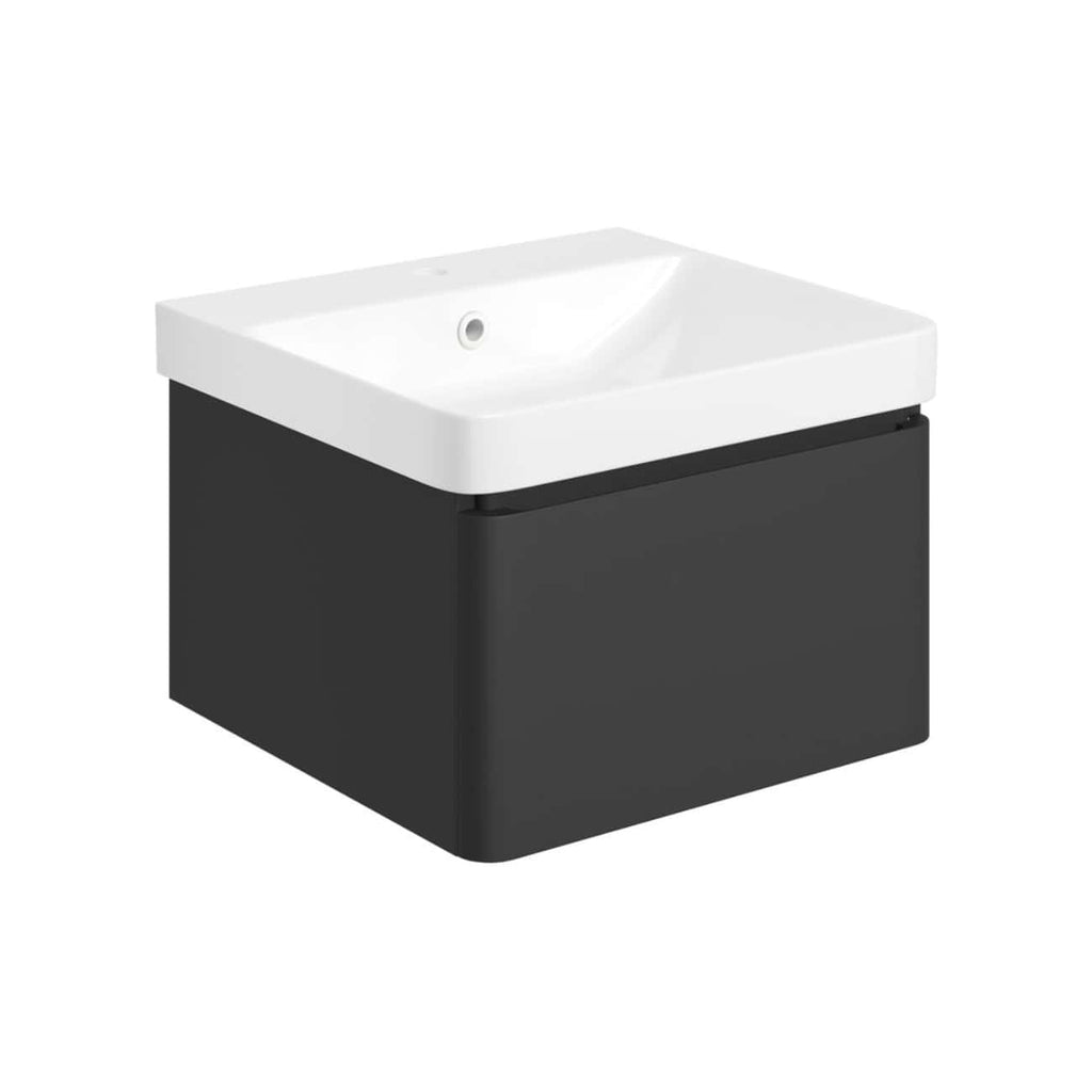 Sleek black bathroom vanity with integrated ceramic basin, modern design, ideal for contemporary bathrooms, durable finish, and space-saving storage solution.