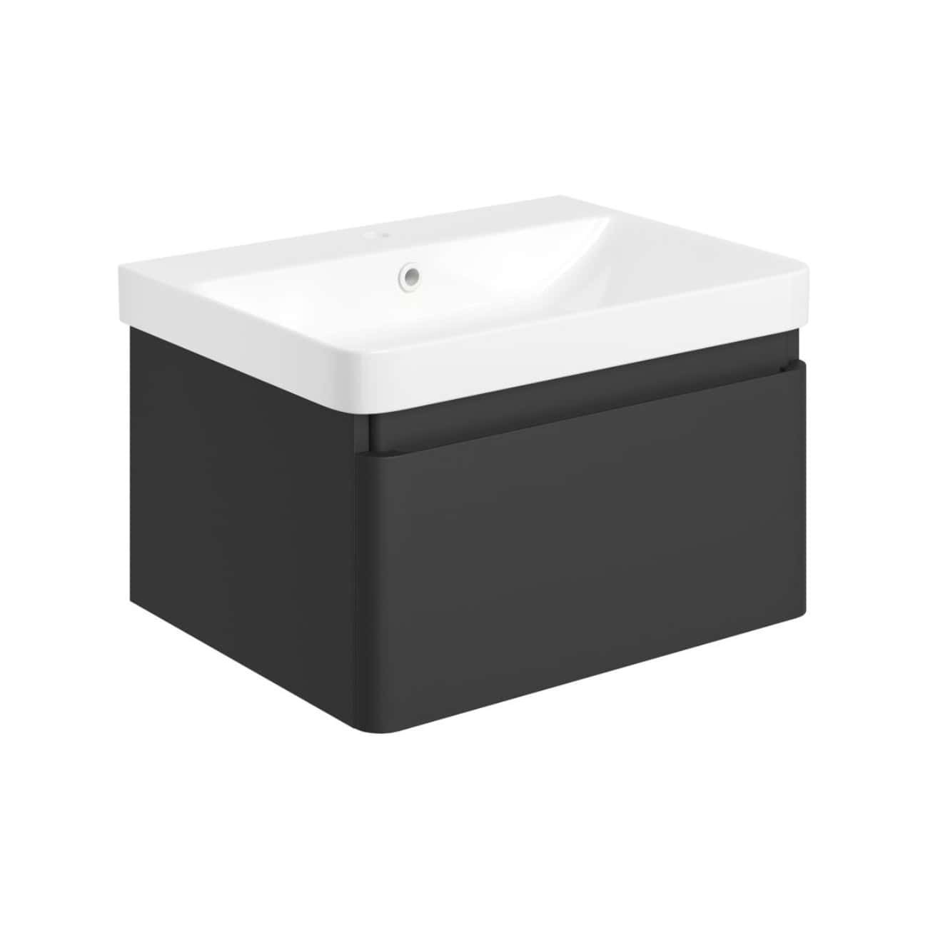 Sleek black bathroom vanity with integrated white ceramic sink, modern design, storage drawer, perfect for contemporary bathroom setups.