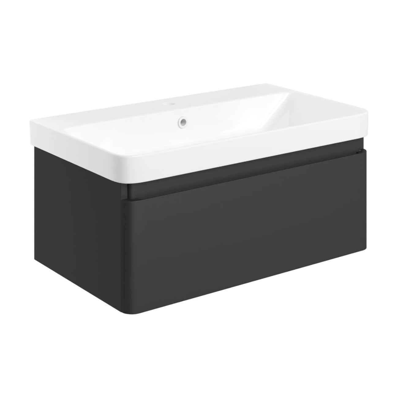Sleek modern bathroom vanity with integrated sink, black base cabinet, and minimalist design, perfect for contemporary bathroom spaces. Ideal for stylish and functional bathroom decor.