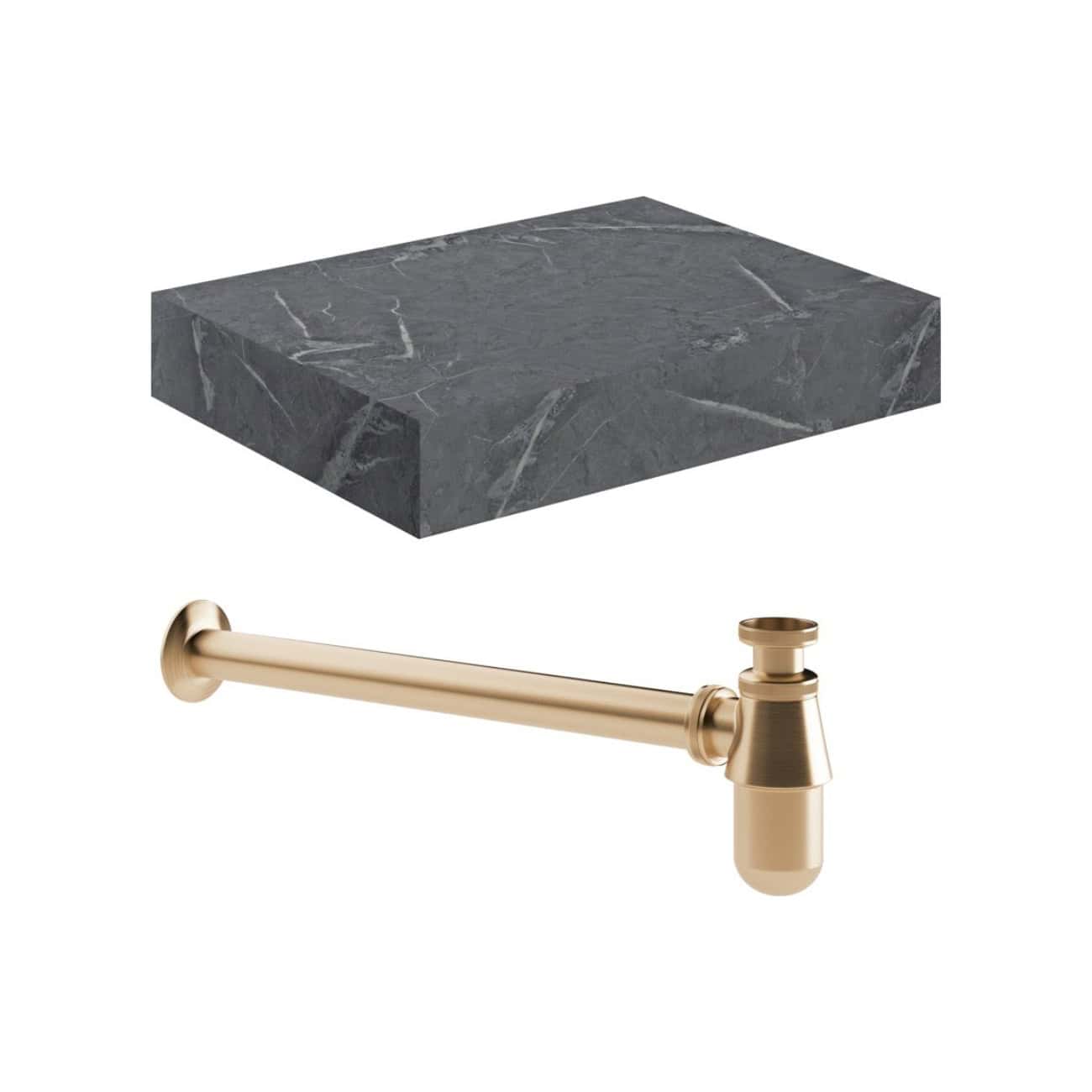 Polished grey marble bathroom countertop with a brass toilet paper holder for a luxurious bathroom design.