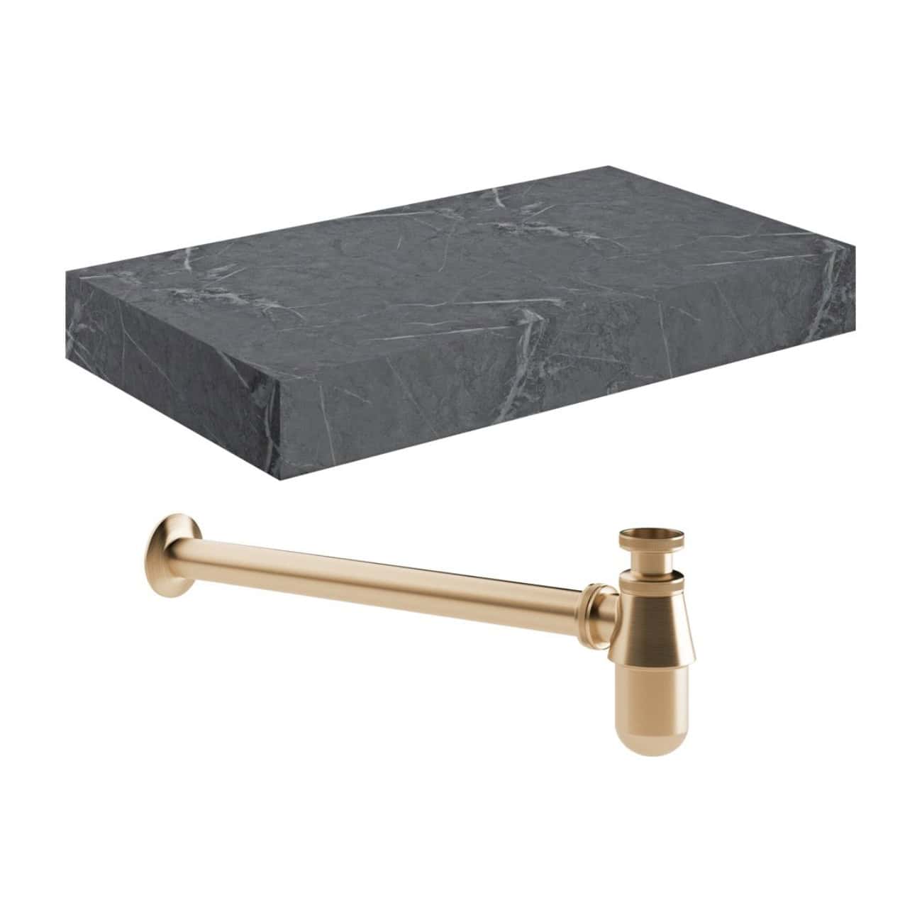 Polished grey marble bathroom shelf with brass towel rail for modern bathroom decor. Durable marble surface and elegant brass fixture create a stylish and functional bathroom accessory.