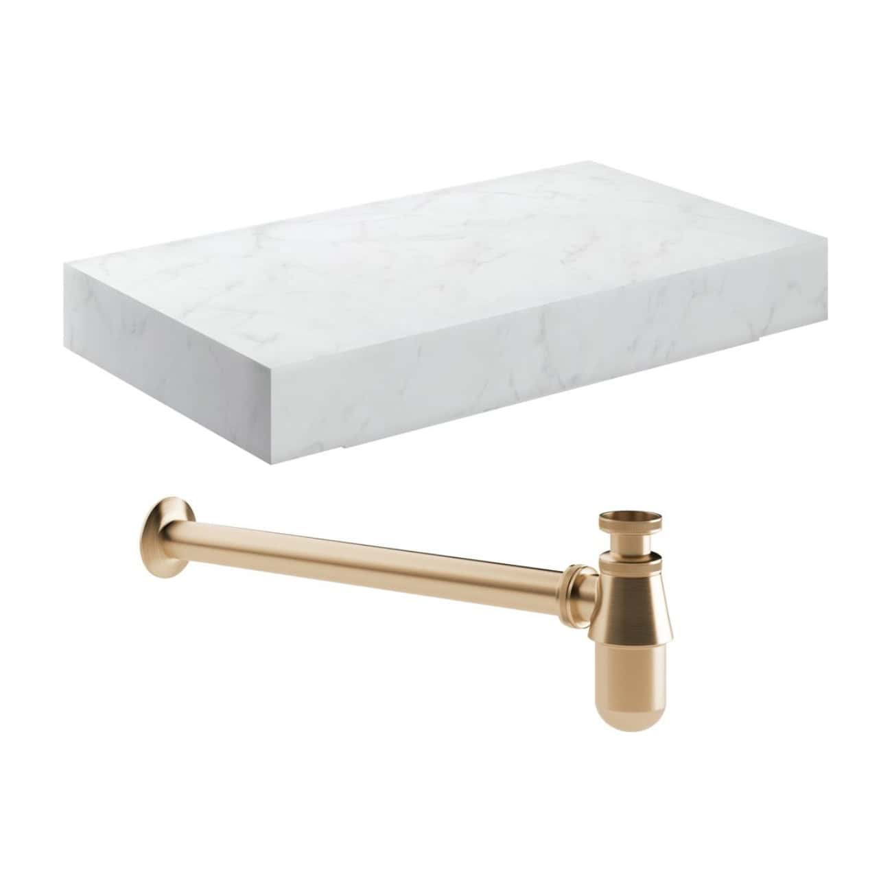 Polished brass toilet brush holder with a marble bathroom shelf, modern design, bathroom accessories, durable materials, elegant styling, Bubly Bathrooms UK, suitable for contemporary bathroom decor.