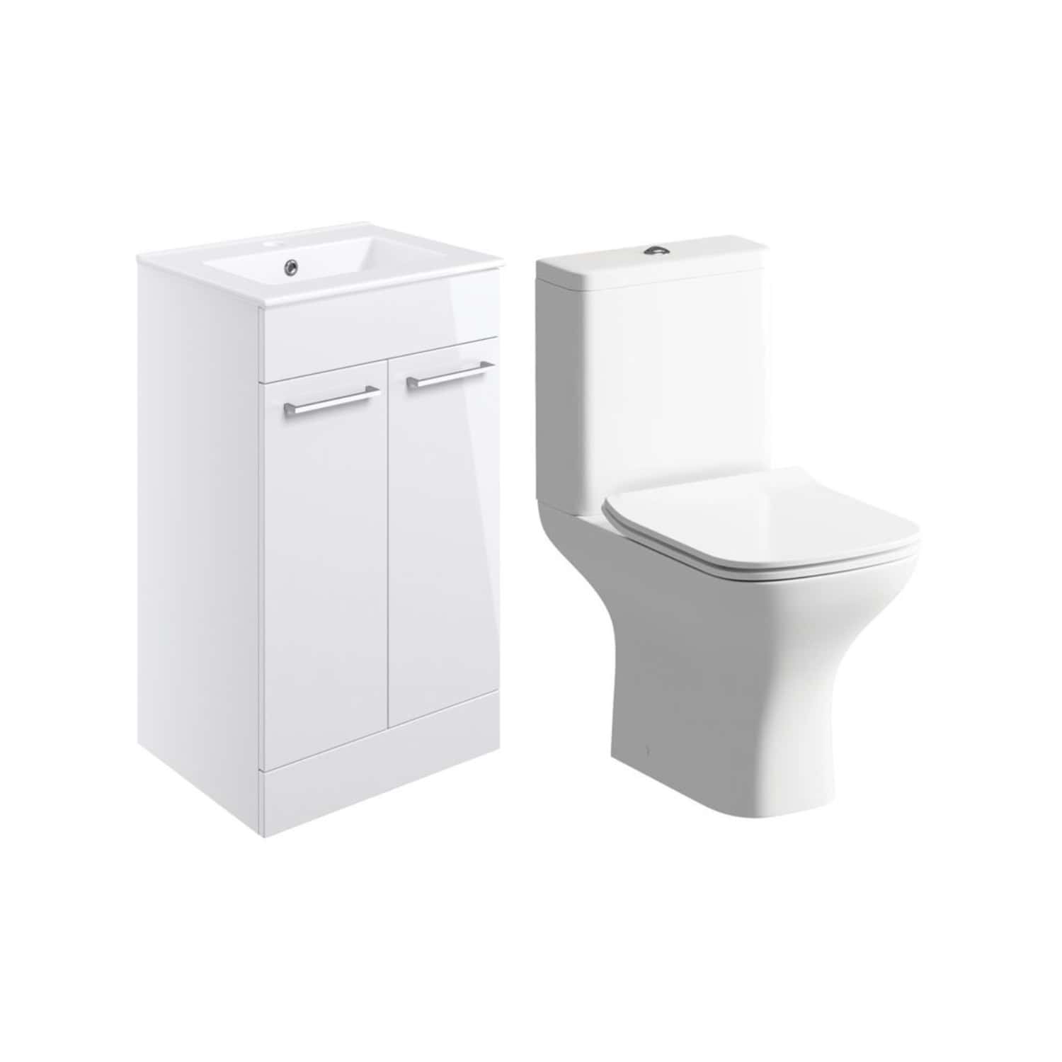 White bathroom vanity with sink and modern toilet set, perfect for contemporary bathroom decor and efficient water use. Stylish, space-saving bathroom fixtures from Bubly Bathrooms.