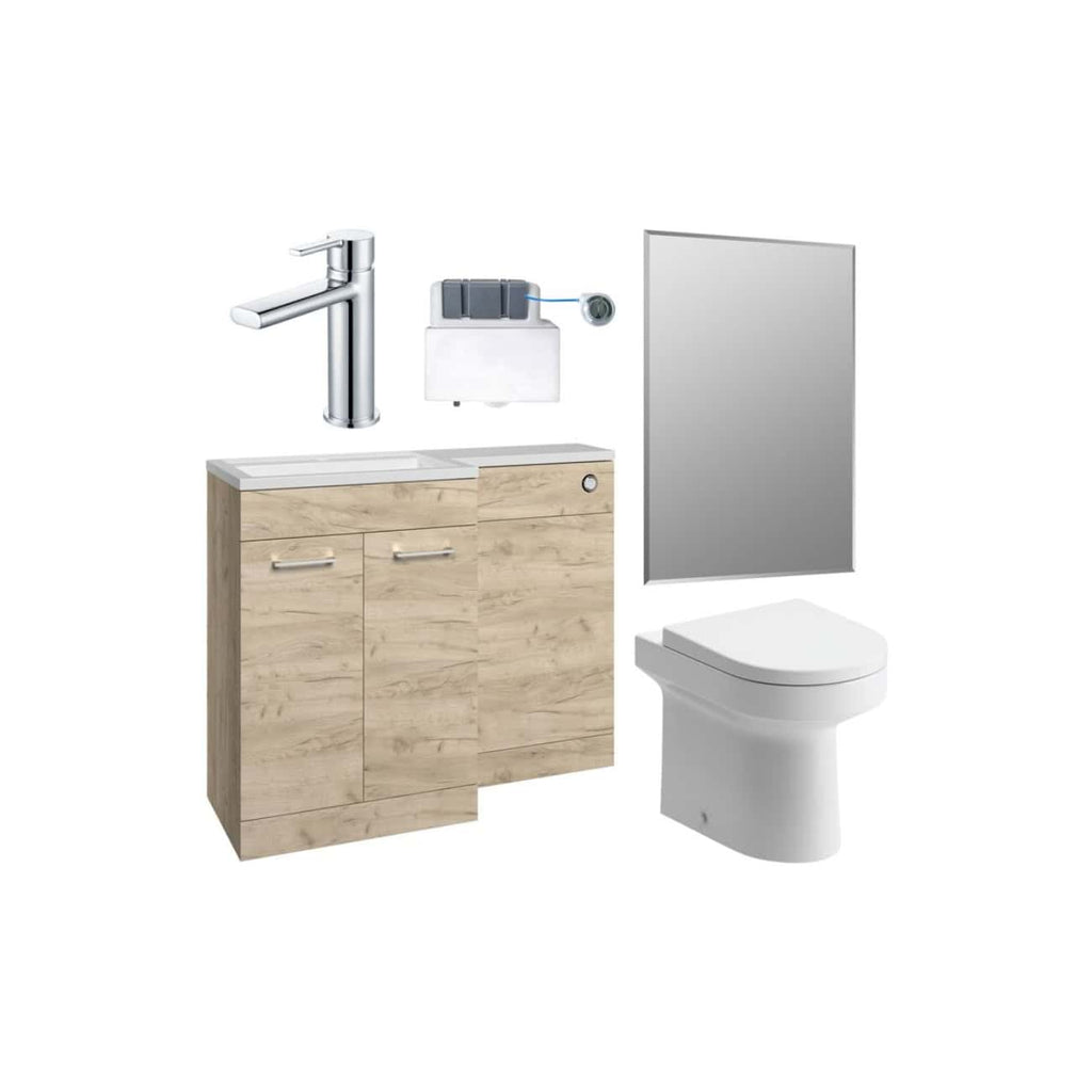 Modern bathroom vanity with wooden cabinet, sleek chrome faucet, wall-mounted mirror, white toilet, and essential plumbing fixtures for contemporary bathroom design.